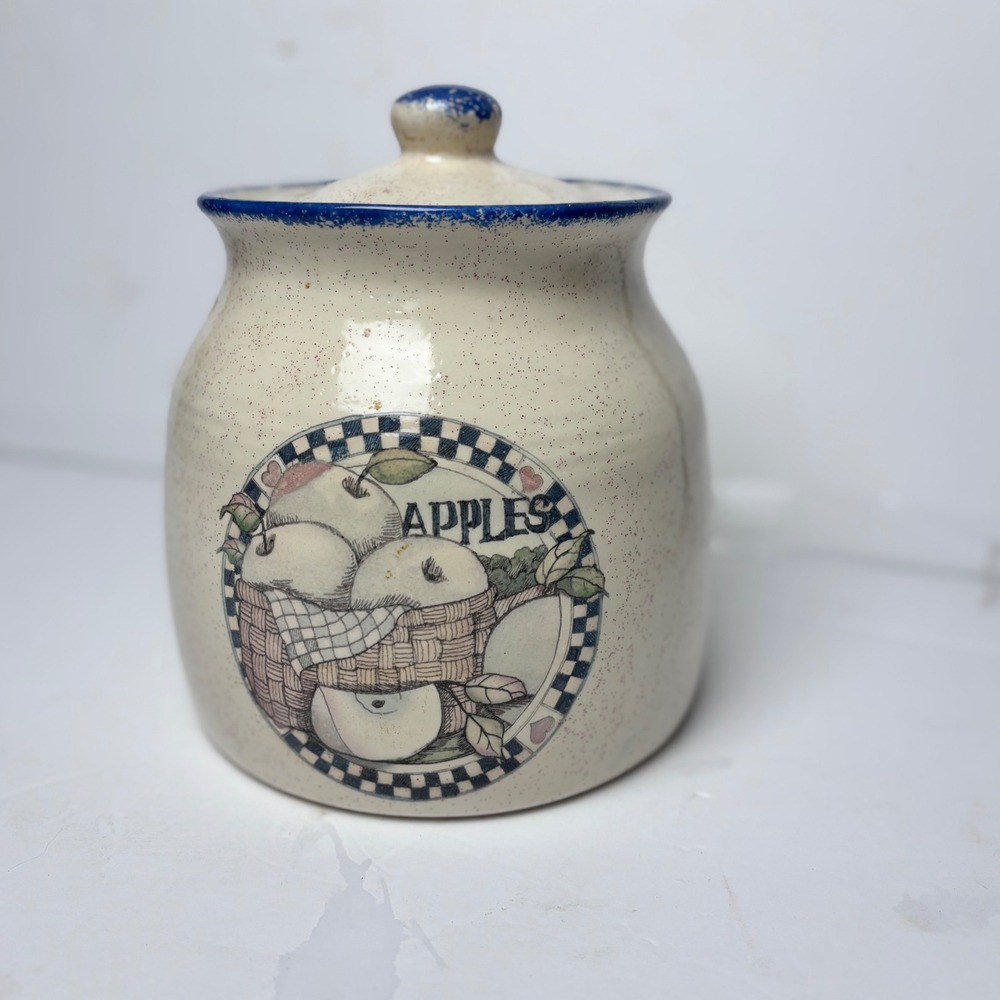 Vintage Style Speckled Stoneware‎ Apple Cookie Jar Canister Farmhouse Blue Cream